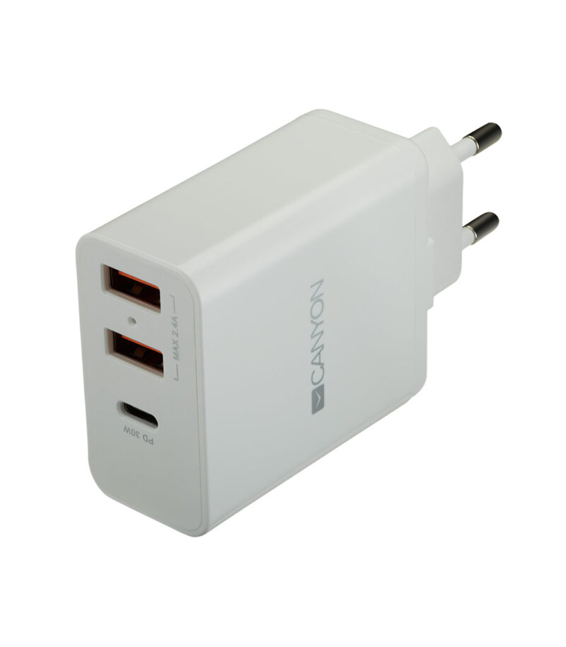 Canyon H-08 PD Power Adapter 30W USB-C 2USB-A White - CNE-CHA08W