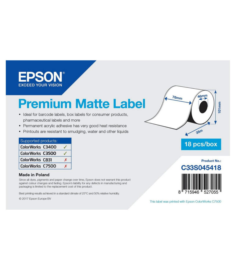 Premium Matte Label Paper Roll Epson (76mm x 35m) 470g