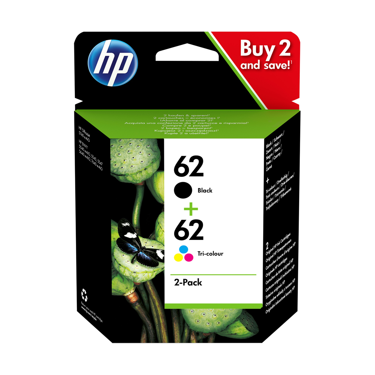 HP 62 2-pack Black Tri-color Original Ink Cartridges