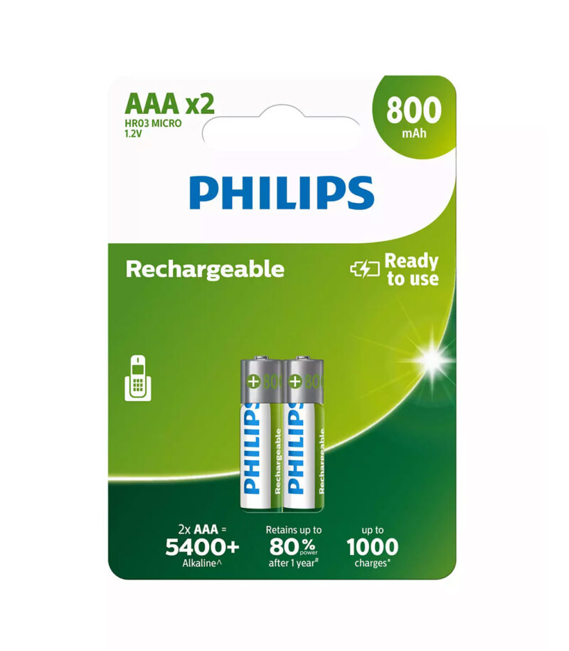 Philips R03B2Α80.GRS Επαναφορτιζόμενες μπαταρίες προ-φορτισμένες Ni-Mh 2 τμχ HR03 AAA 800 mAh 1.2 V