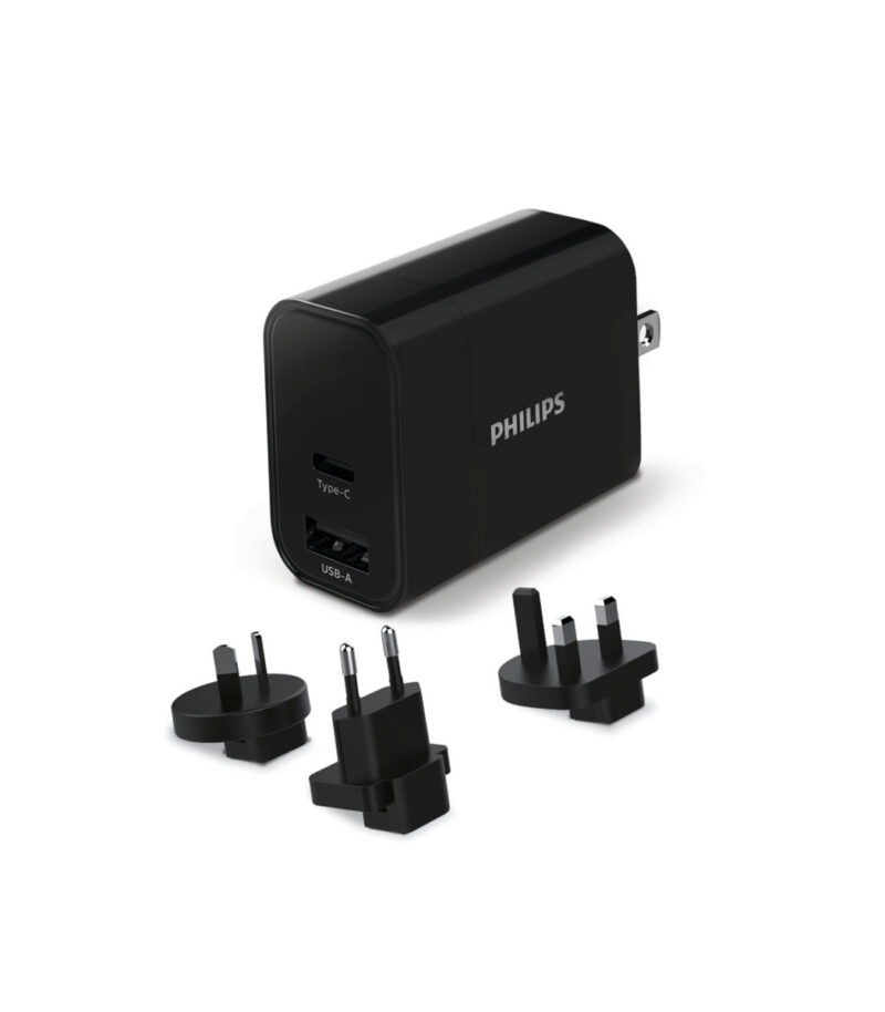 Philips DLP2621T.GRS Γρήγορος επιτοίχιος φορτιστής ταξιδιού με αντάπτορες και θύρες 1C 1A 30W