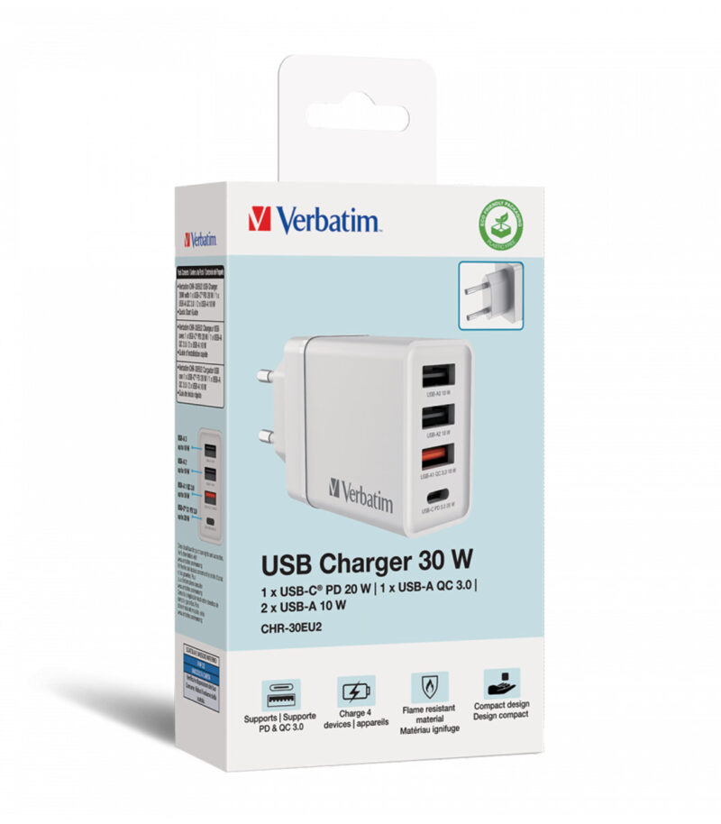 Verbatim CHR-30EU2 USB Charger 30W with 1 x USB-C® PD 20 W   1 x USB-A QC 3.0   2 x USB-A 10W White (EU)