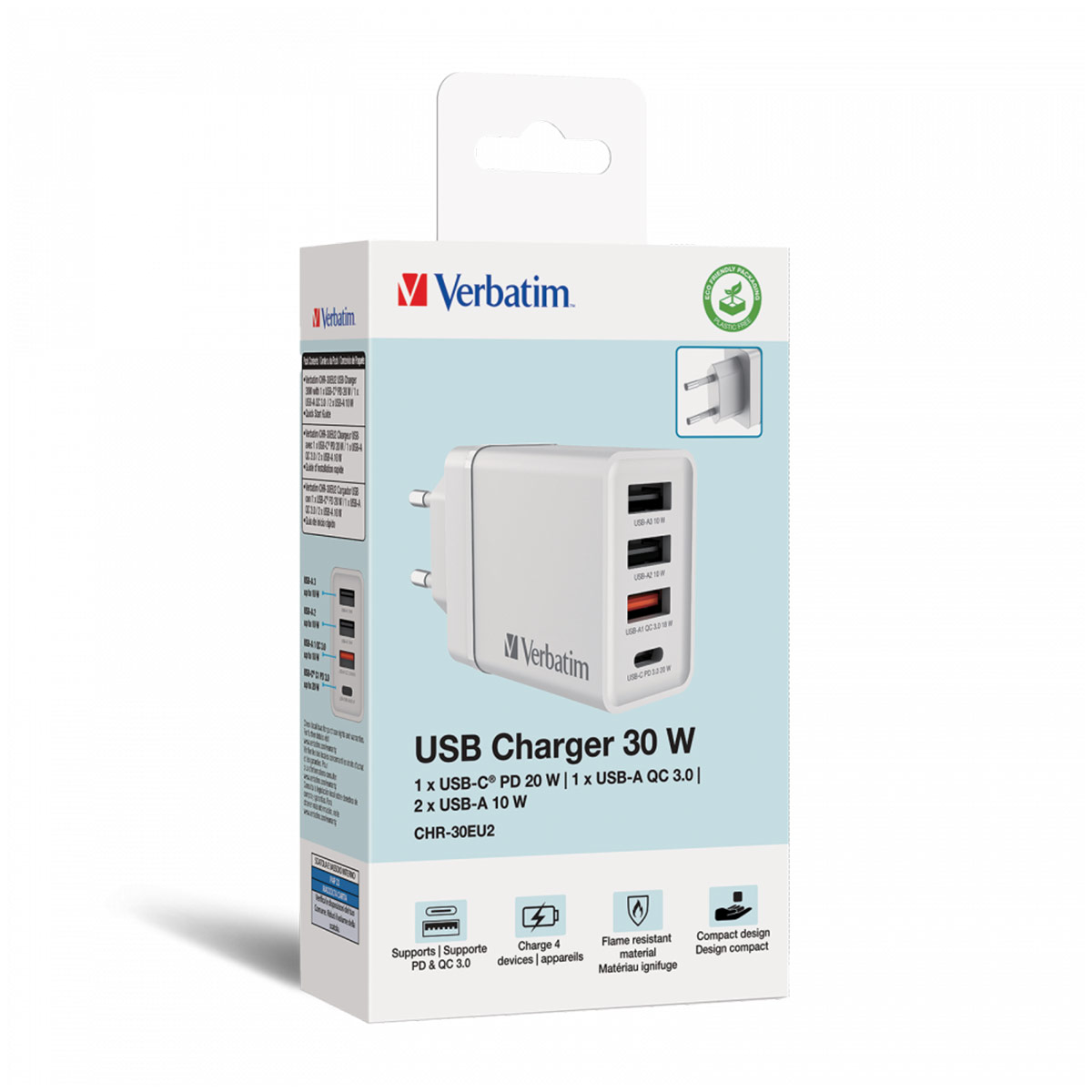 Verbatim CHR-30EU2 USB Charger 30W with 1 x USB-C® PD 20 W   1 x USB-A QC 3.0   2 x USB-A 10W White (EU)