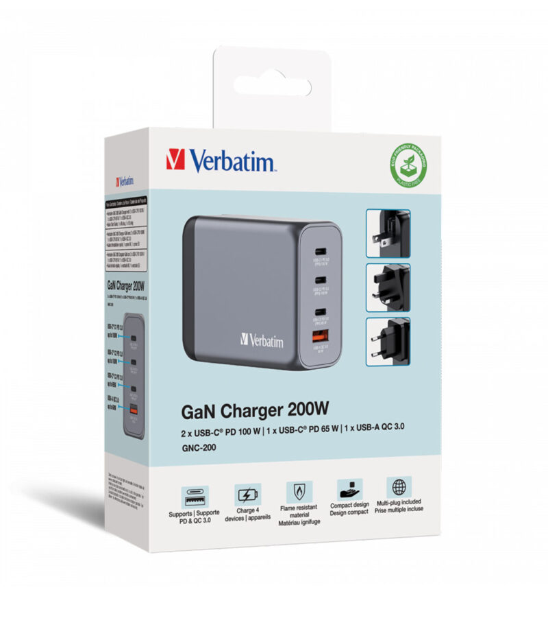 Verbatim GNC-200 GaN Charger 4 Port 200w USB AC (EU UK US)