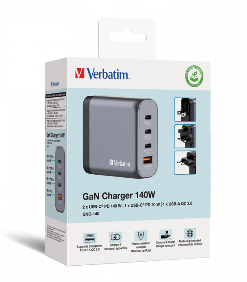 Verbatim GNC-140 GaN Charger 4 Port 140W USB AC (EU UK US)