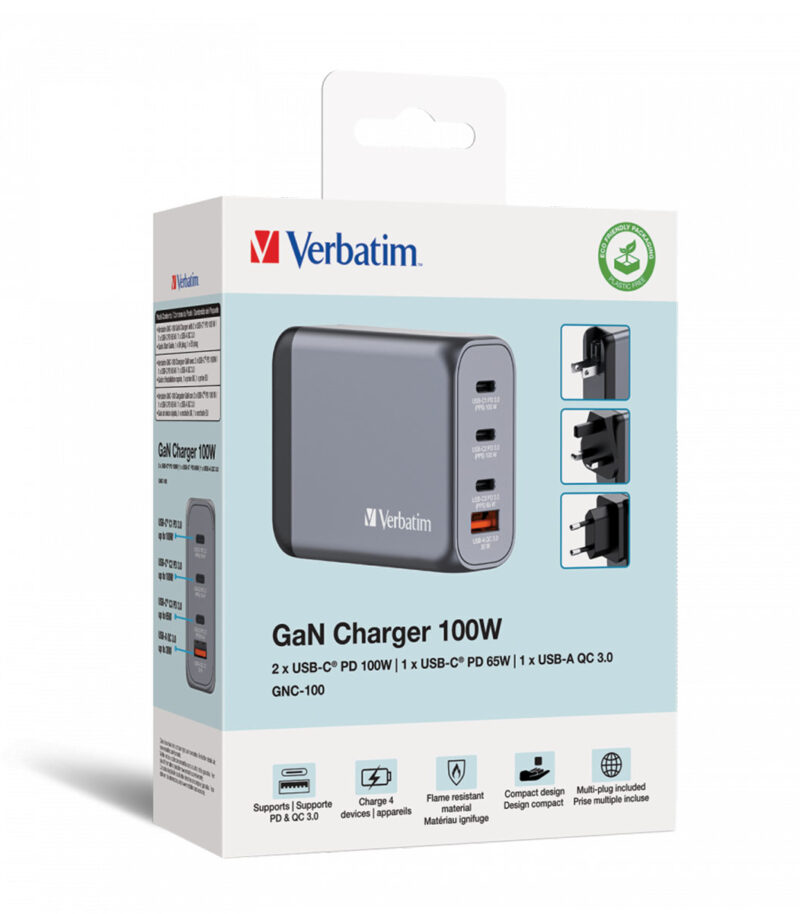 Verbatim GNC-100 GaN Charger 4 Port 100W USB AC (EU,UK,US)