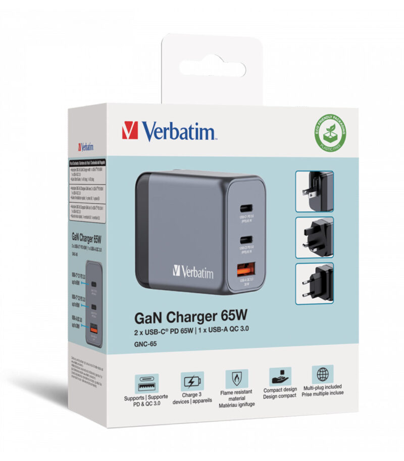 Verbatim GNC-65 GaN Charger 3 Port 65W USB AC (EU UK US)
