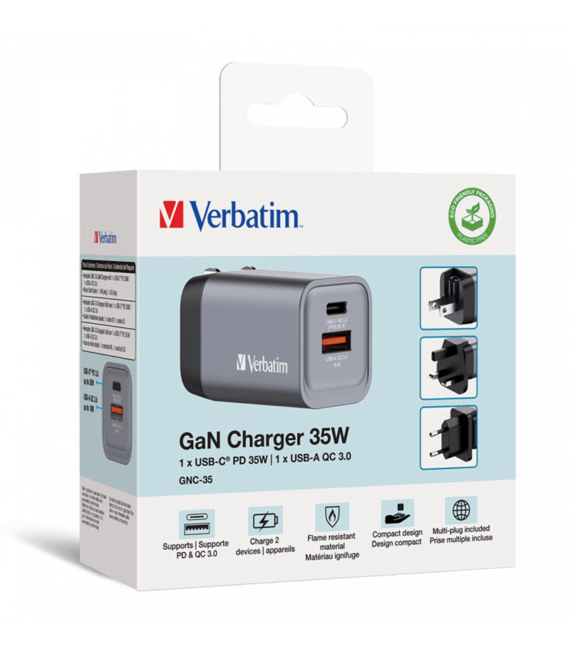 Verbatim GNC-35 GaN Charger 2 Port 35W USB AC (EU UK US)