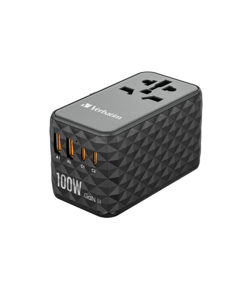 Verbatim UTA-06 GaN III Universal Travel Adapter with 2 x USB-C PD 100W   QC 4+ 2 x USB-A QC 3.0